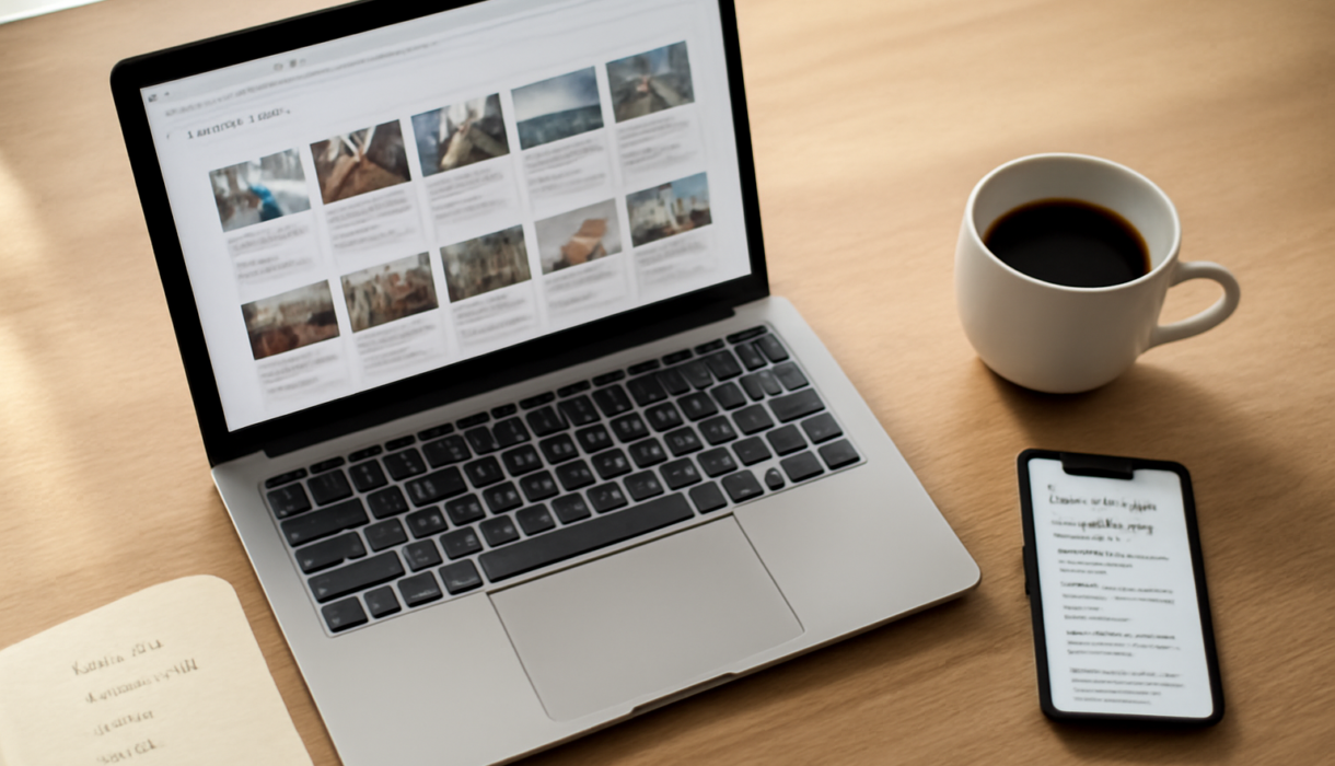 Meja kerja dengan laptop menampilkan aplikasi bookmark dan ponsel berisi daftar bacaan