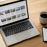 Meja kerja dengan laptop menampilkan aplikasi bookmark dan ponsel berisi daftar bacaan