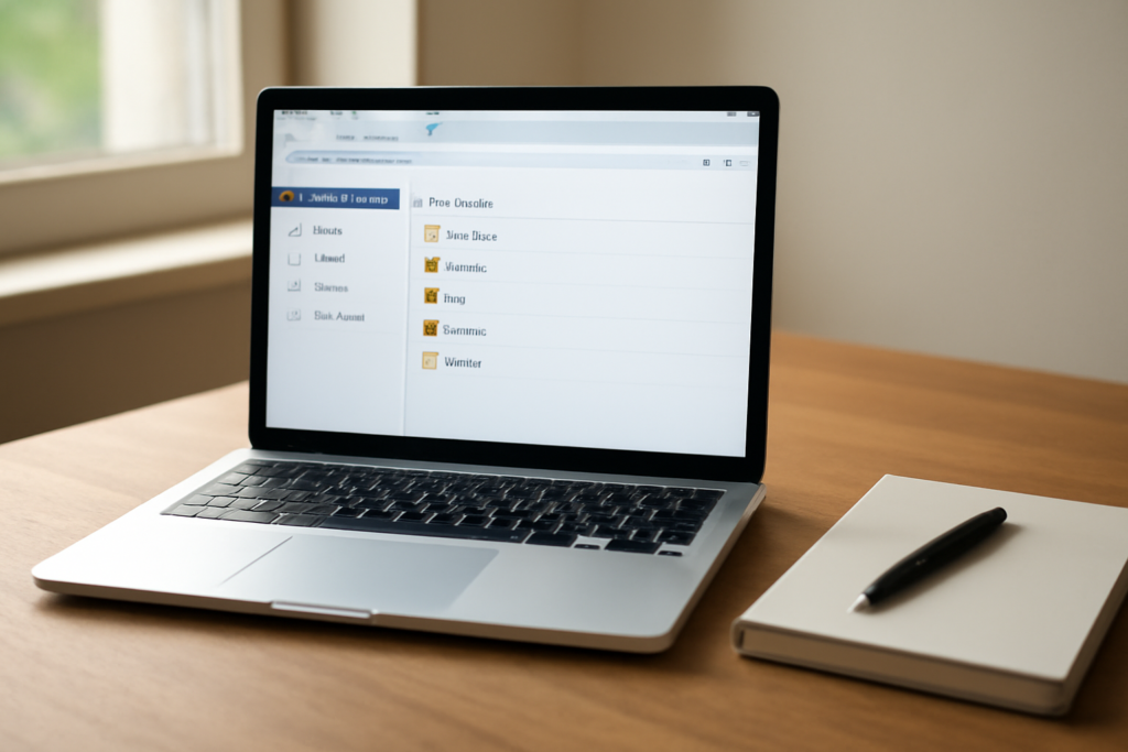 Laptop menampilkan pengelola bookmark browser di meja kerja dengan buku catatan di sampingnya