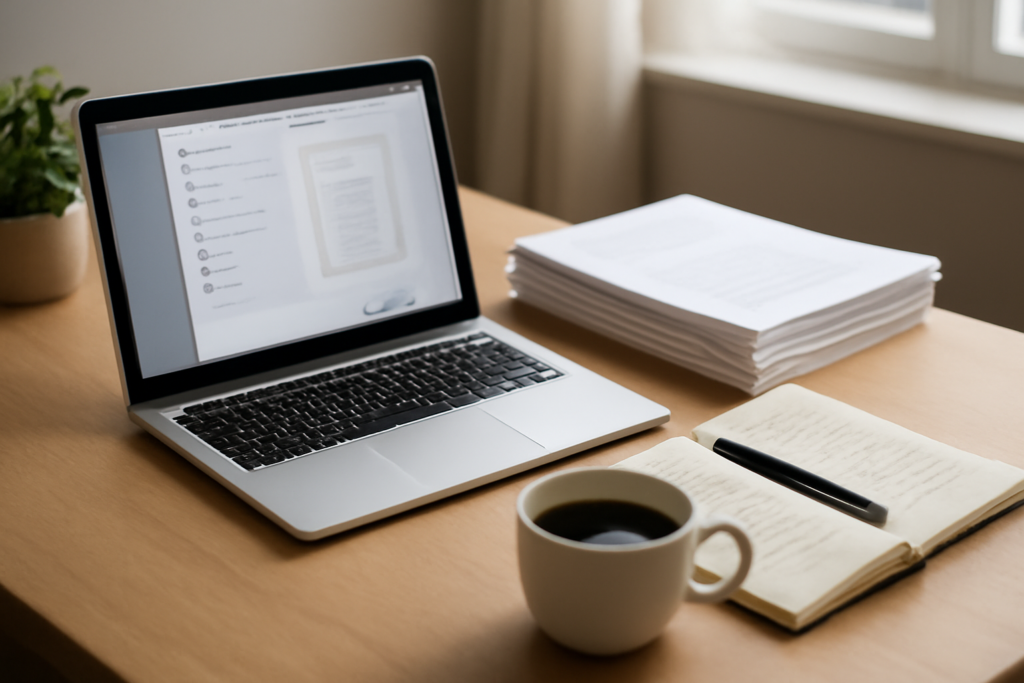 Meja kerja dengan laptop menampilkan pratinjau cetak halaman web dan tumpukan kertas untuk arsip PDF