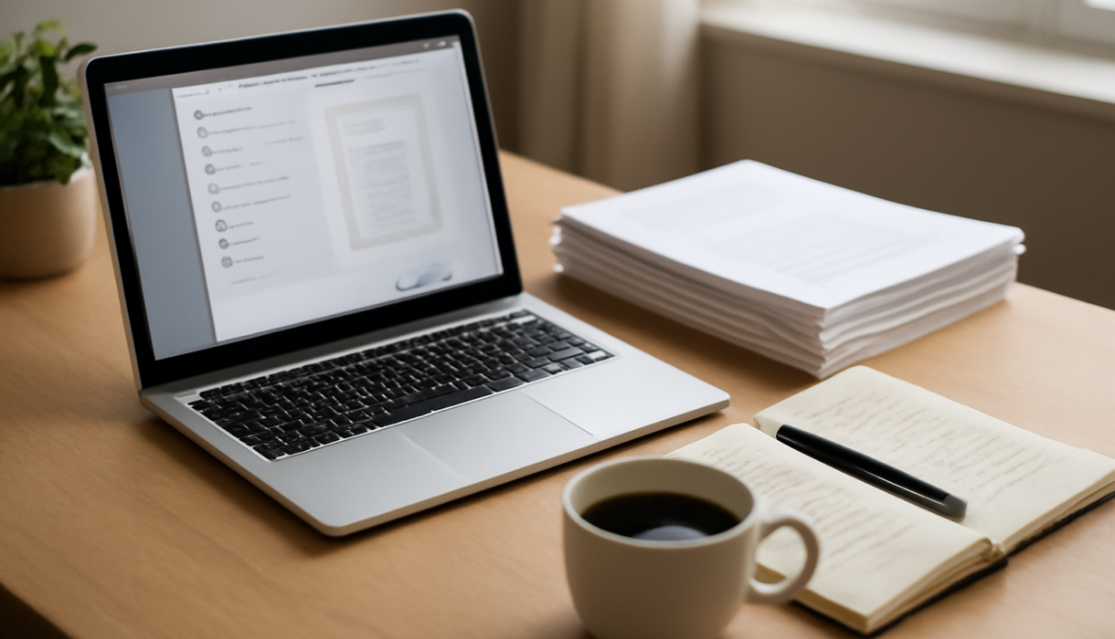 Meja kerja dengan laptop menampilkan pratinjau cetak halaman web dan tumpukan kertas untuk arsip PDF