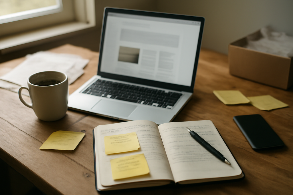 Meja kerja dengan laptop, buku catatan, dan sticky note untuk menyimpan kutipan web