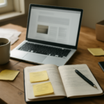 Meja kerja dengan laptop, buku catatan, dan sticky note untuk menyimpan kutipan web