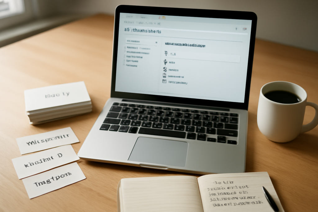 Meja kerja dengan laptop menampilkan pengelola bookmark dan catatan berisi daftar tautan