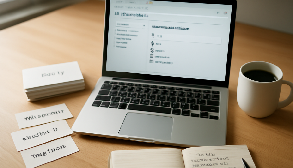 Meja kerja dengan laptop menampilkan pengelola bookmark dan catatan berisi daftar tautan