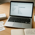 Meja kerja dengan laptop menampilkan pengelola bookmark dan catatan berisi daftar tautan