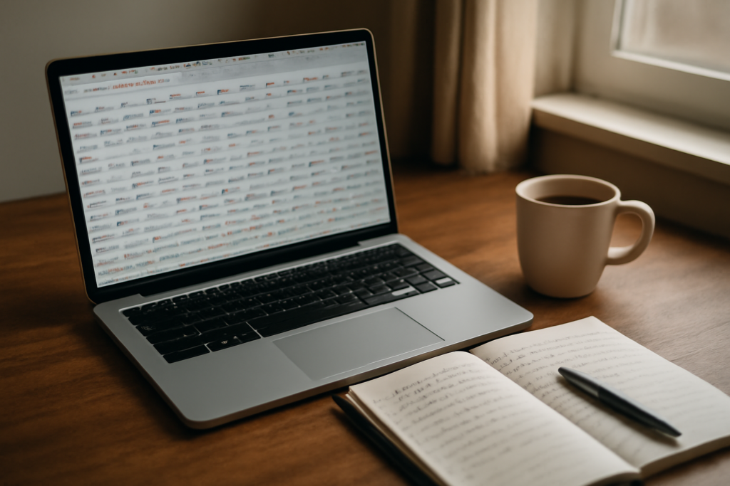 Laptop dengan banyak tab browser terbuka dan catatan tautan di meja kerja