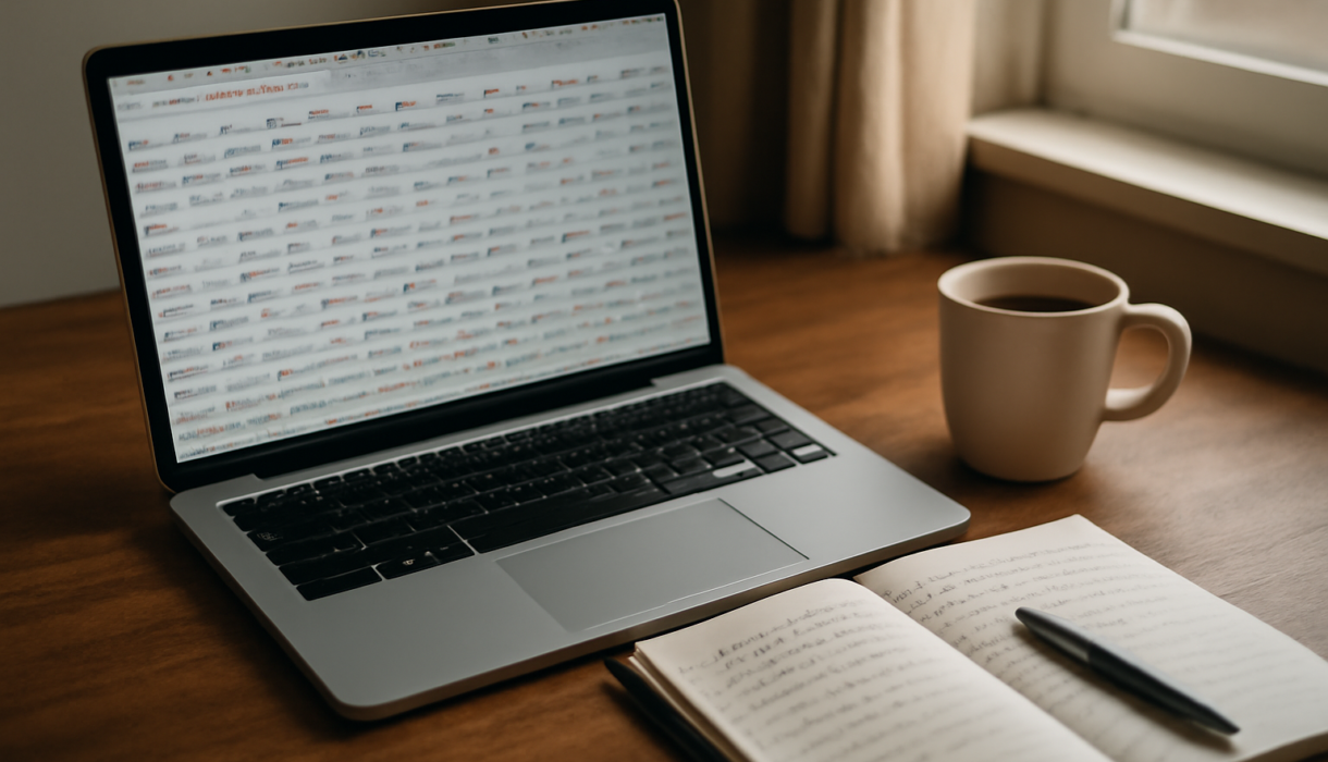 Laptop dengan banyak tab browser terbuka dan catatan tautan di meja kerja